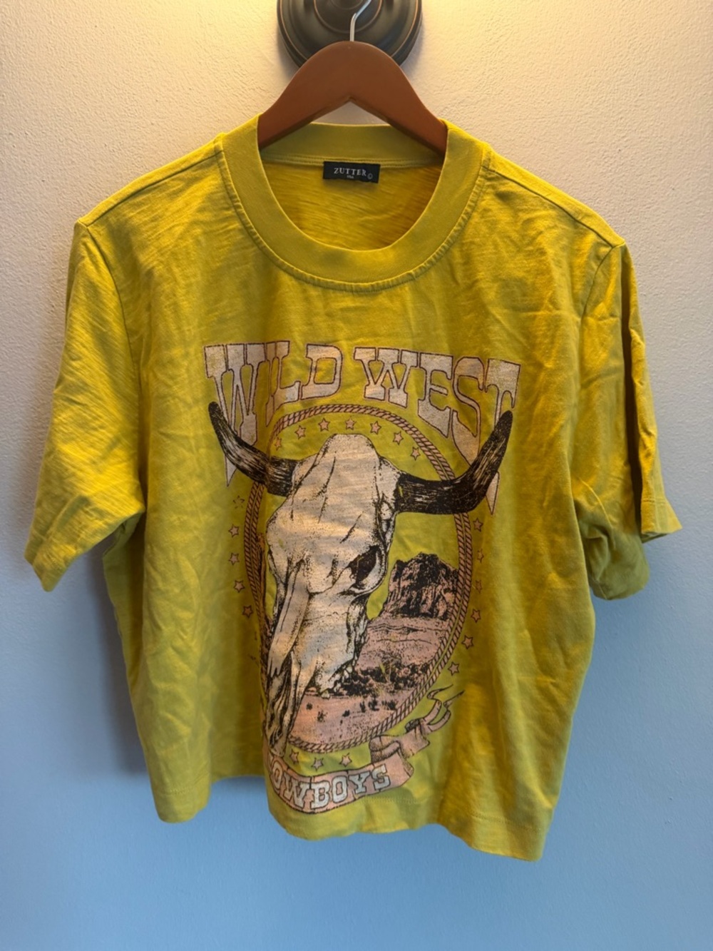Zutter USA Wild West Cowboys Graphic T-Shirt Yellow Large Longhorn Skull Boxy
